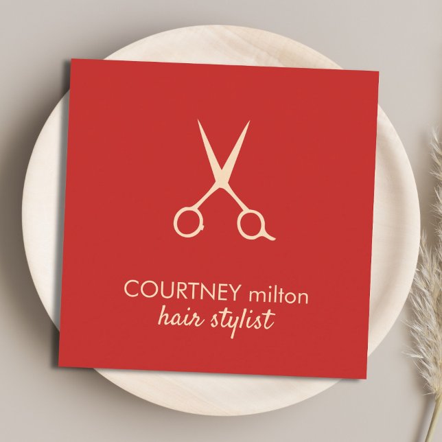 Minimalist Elegant Red Pastel Scissors Hairstylist Square Business Card (Creator Uploaded)