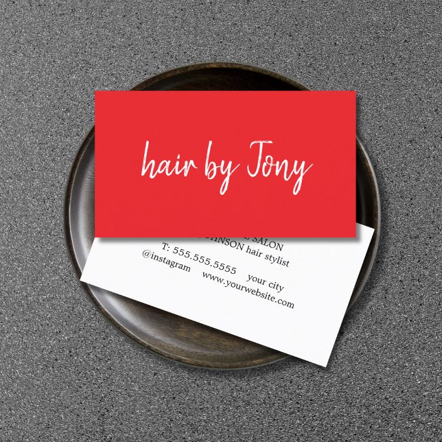 Minimalist Elegant Red White Hair Stylist Business Card (Creator Uploaded)