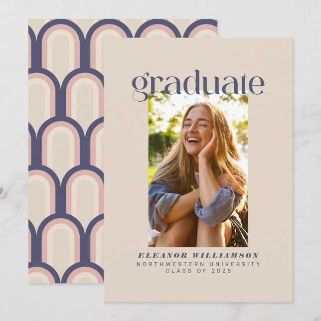 Minimalist Elegant Retro Blush Photo Graduation Announcement (Front/Back)