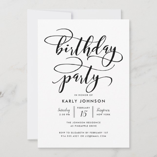 Minimalist Elegant Script Birthday Party Black Invitation (Front)