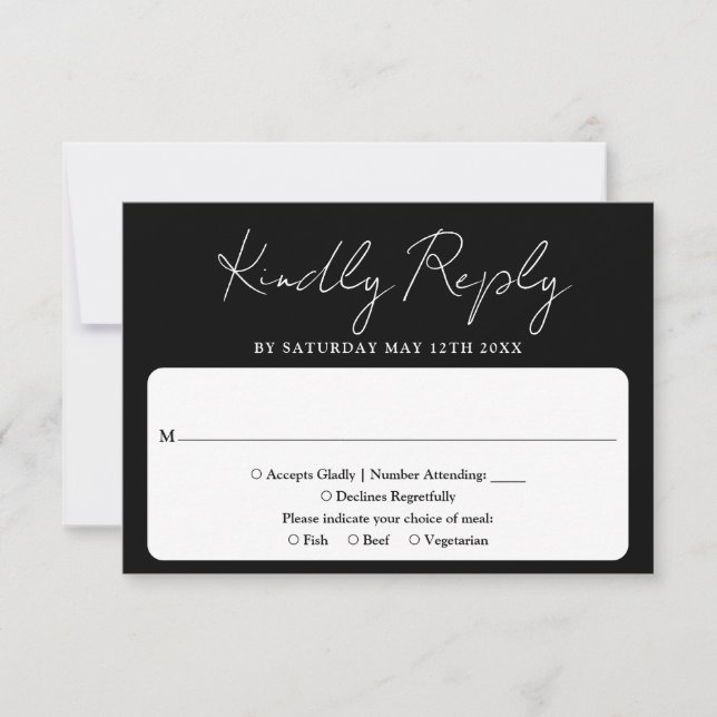 Minimalist Elegant Script Black And White Wedding RSVP Card (Front)