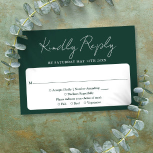 Minimalist Elegant Script Emerald Green Wedding RSVP Card