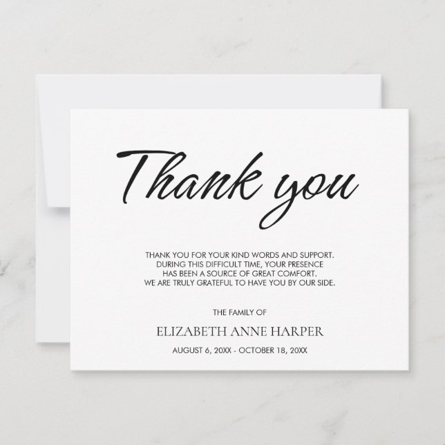 Minimalist Elegant Script Funeral Thank You Card (Front)