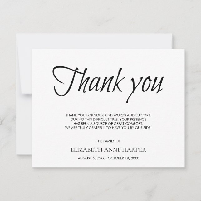 Minimalist Elegant Script Funeral Thank You Card (Front)