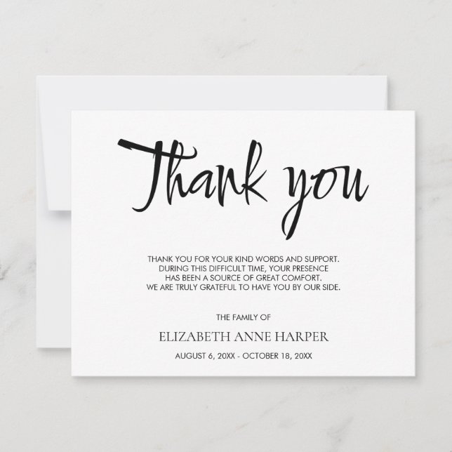 Minimalist Elegant Script Funeral Thank You Card (Front)