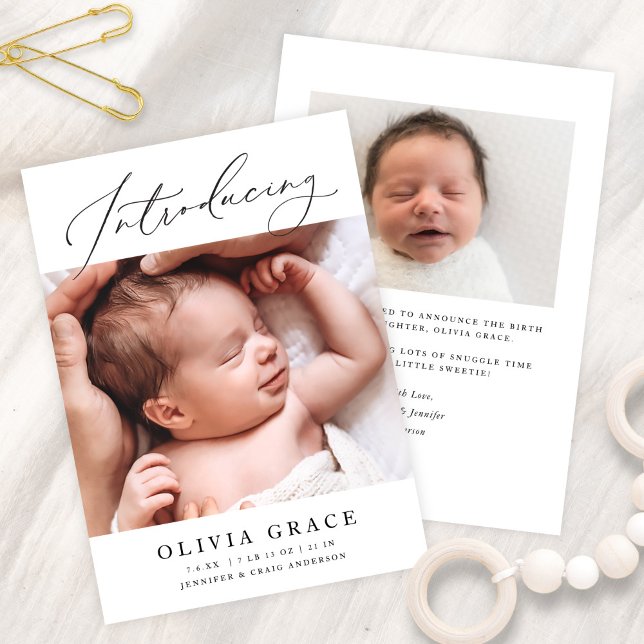 Minimalist Elegant Script Introducing Photo Birth Announcement (Creator Uploaded)
