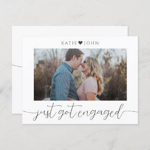 Minimalist Elegant Script Just Got Engaged Photo Announcement Postcard