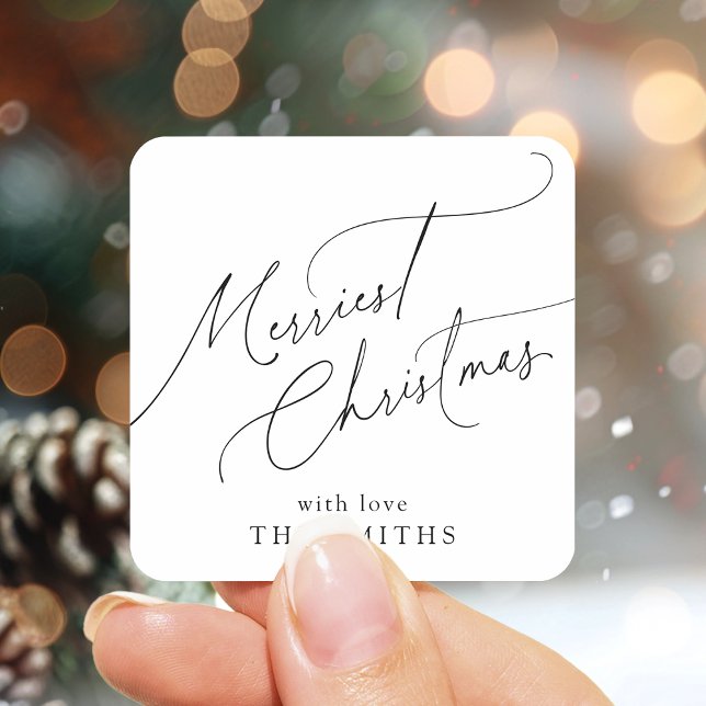 Minimalist Elegant Script Merriest Christmas Square Sticker (Minimalist Elegant Script Merriest Christmas Square Sticker)