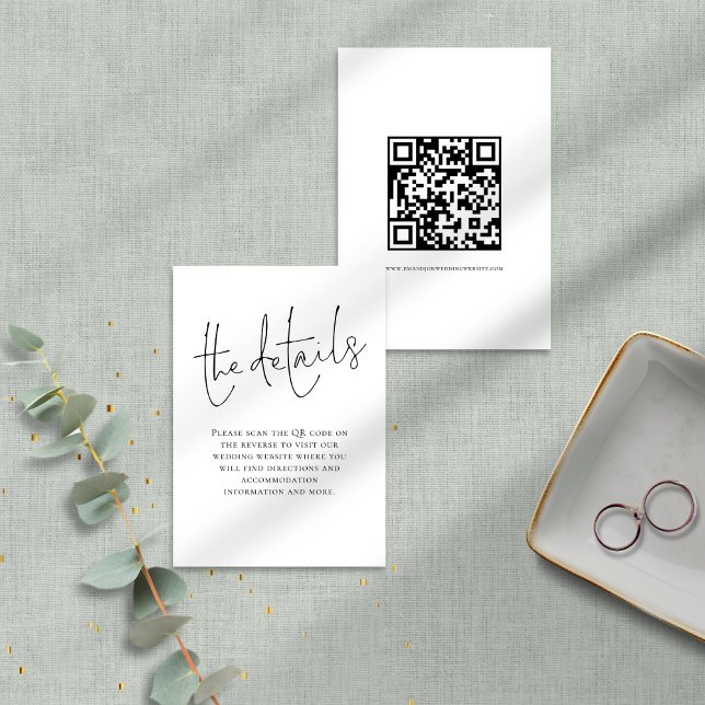 Minimalist Elegant Script QR Code Wedding Details Enclosure Card (Front and back view)