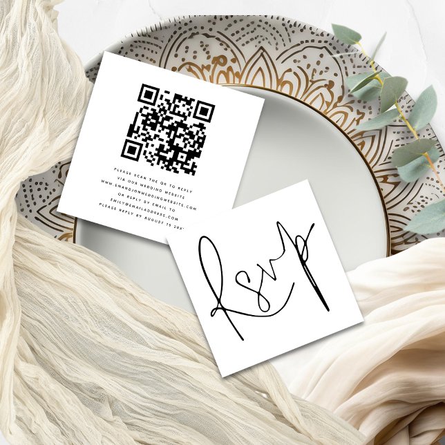 Minimalist Elegant Script QR Code Wedding RSVP Enclosure Card (Front and back view)