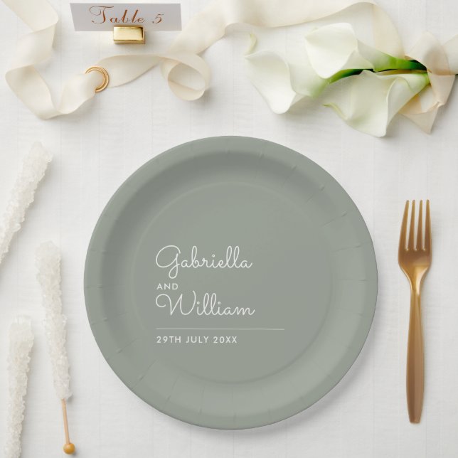 Minimalist Elegant Script Sage Green Wedding Paper Plate (Wedding)