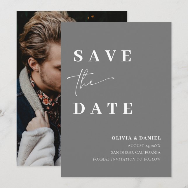 Minimalist Elegant Simple Grey Photo Save the Date Invitation (Front/Back)