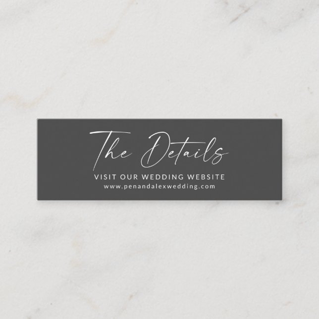 Minimalist Elegant Soft Black Wedding Details Mini Business Card (Front)