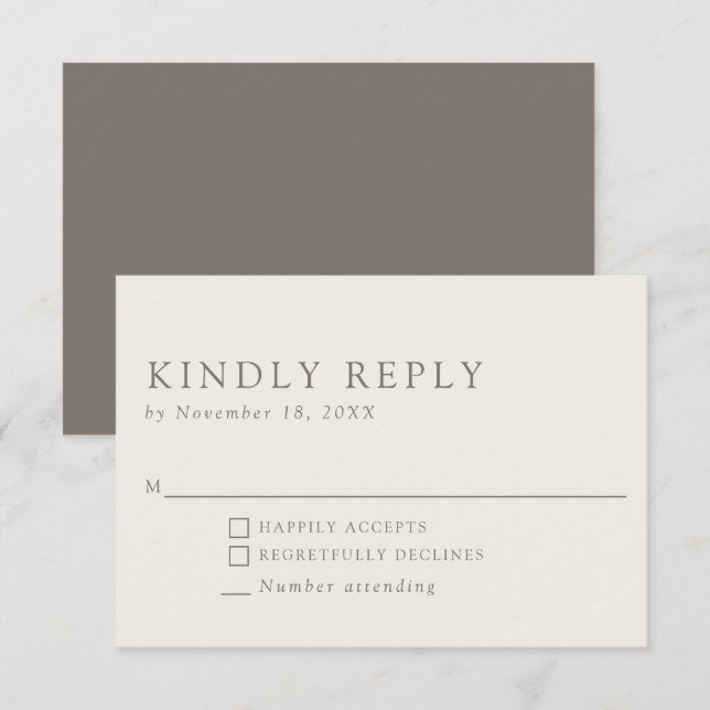 Minimalist Elegant Taupe Neutral Kindly Reply RSVP Card (Front/Back)