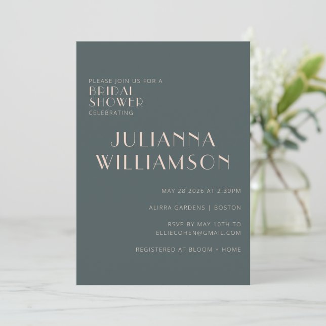 Minimalist Elegant Teal and Blush Bridal Shower Invitation (Standing Front)