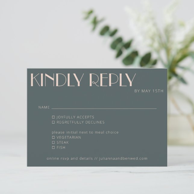 Minimalist Elegant Teal Blush Wedding Meal Choice RSVP Card (Standing Front)