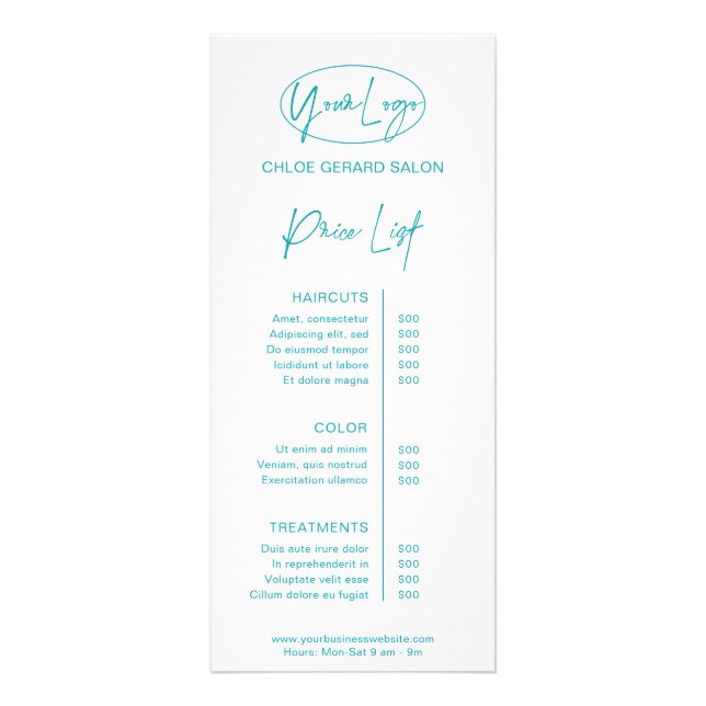 Minimalist Elegant Turqoise Aqua Modern Price List Rack Card (Front)