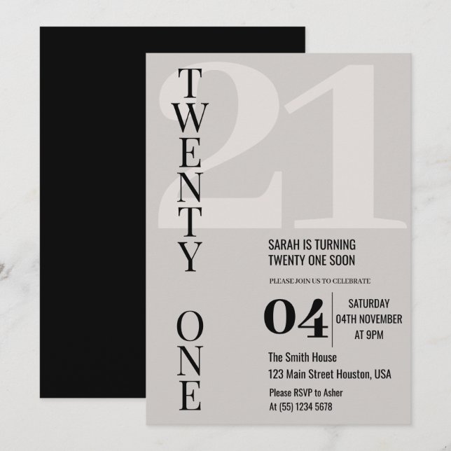 Minimalist Elegant Twenty One 21st Birthday Party  Invitation (Front/Back)