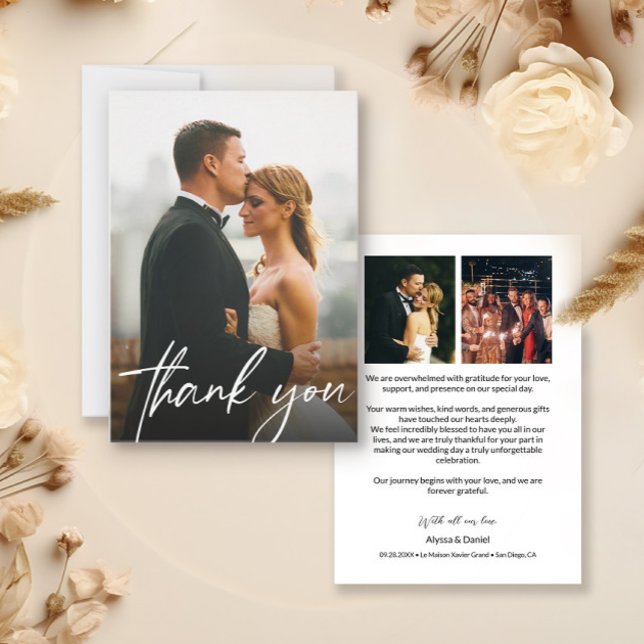 Minimalist Elegant Typography Wedding Photos Thank You Card (3 wedding photo thank you cards.)