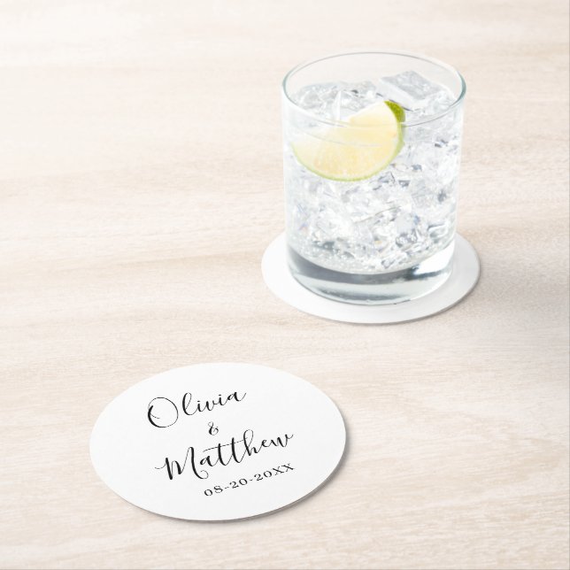 Minimalist Elegant White Classic Wedding Round Paper Coaster (Insitu)