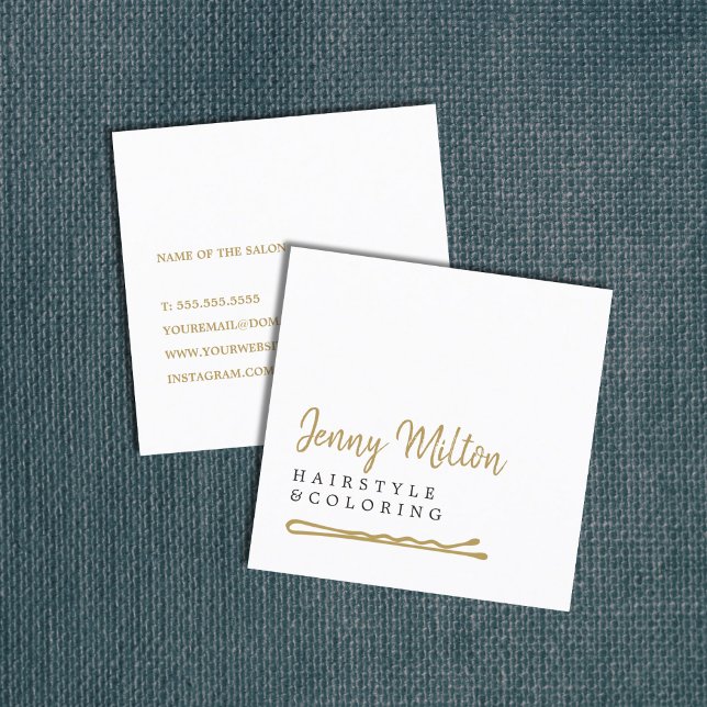 Minimalist Elegant White Faux Gold Hair Pin Square Business Card (Creator Uploaded)