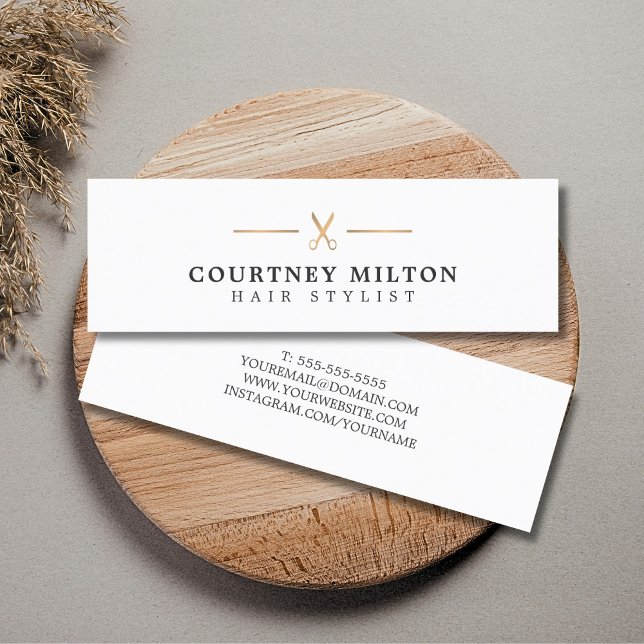 Minimalist Elegant White Faux Gold Hair Stylist Mini Business Card (Creator Uploaded)