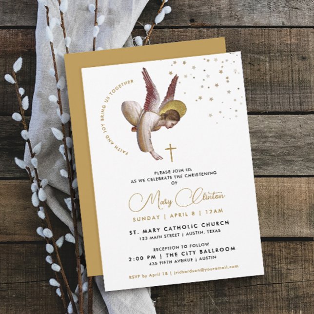 Minimalist Elegant White Gold Baptism Angel Faith Invitation (Creator Uploaded)