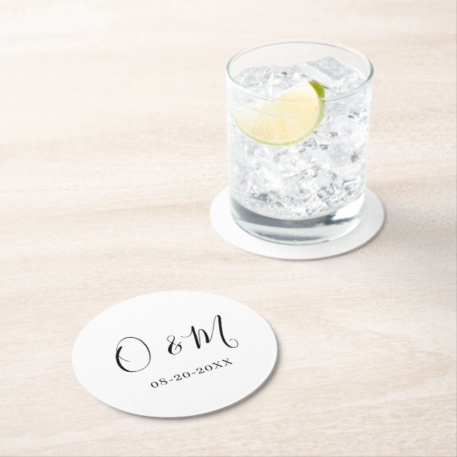 Minimalist Elegant White Monogram Classic Wedding Round Paper Coaster (Insitu)
