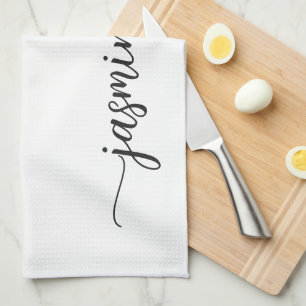 Minimalist Elegant White Monogram Name Script Tea Towel