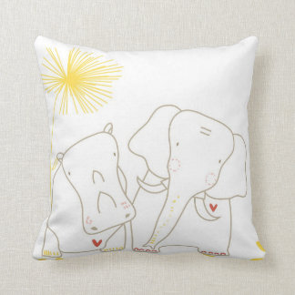 Minimalist Elephant and Hippo - Yellow and White Cushion