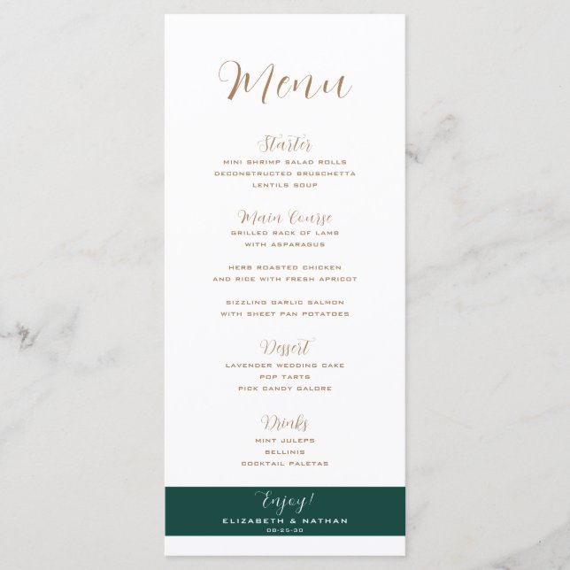 Minimalist Emerald Green & Gold Wedding Menu (Front)