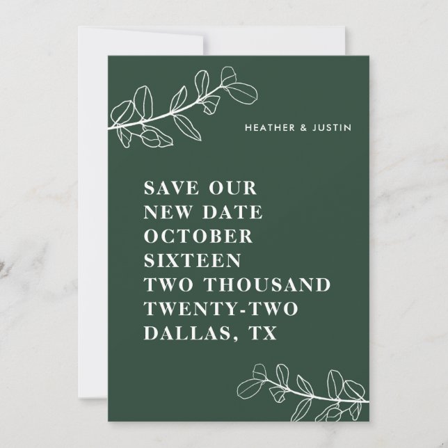 Minimalist Emerald Green Greenery Save The Date Invitation (Front)
