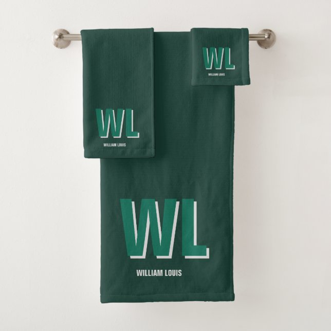 Minimalist Emerald Green Personalised Monogram  Bath Towel Set (Insitu)