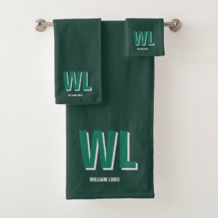Minimalist Emerald Green Personalized Monogram  Bath Towel Set