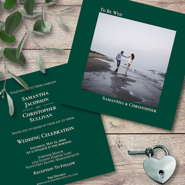 Minimalist Emerald Green Square Photo Wedding Invitation (Front and Back)