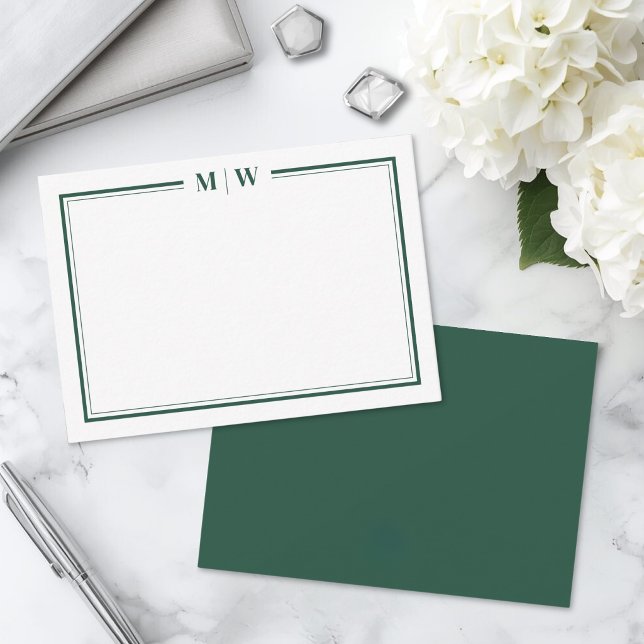 Minimalist Emerald Green Two Border Monogram Card (Minimalist Emerald Green Two Border Monogram Note Card)
