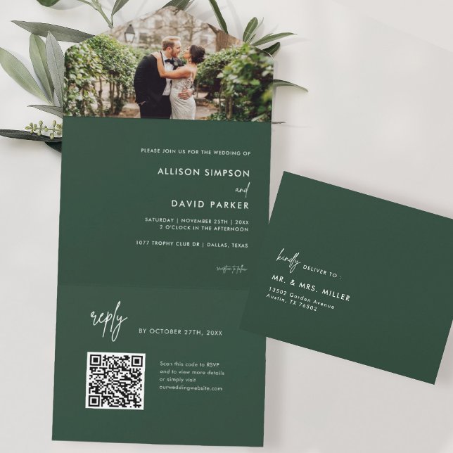 Minimalist Emerald Green Wedding QR Code All In One Invitation (Creator Uploaded)