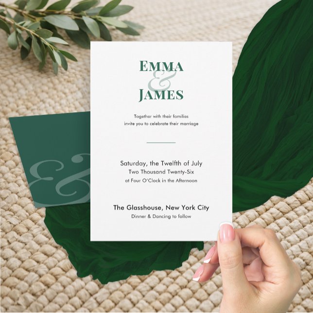 Minimalist Emerald Wedding Invitation | QR Code (Emerald wedding invitation with minimalist typography and bold, refined modern style)