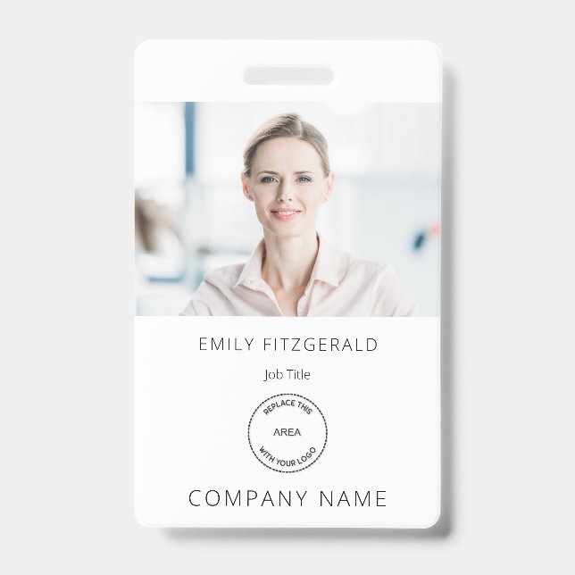 Minimalist Employee Photo ID Name Logo White Badge (Front)