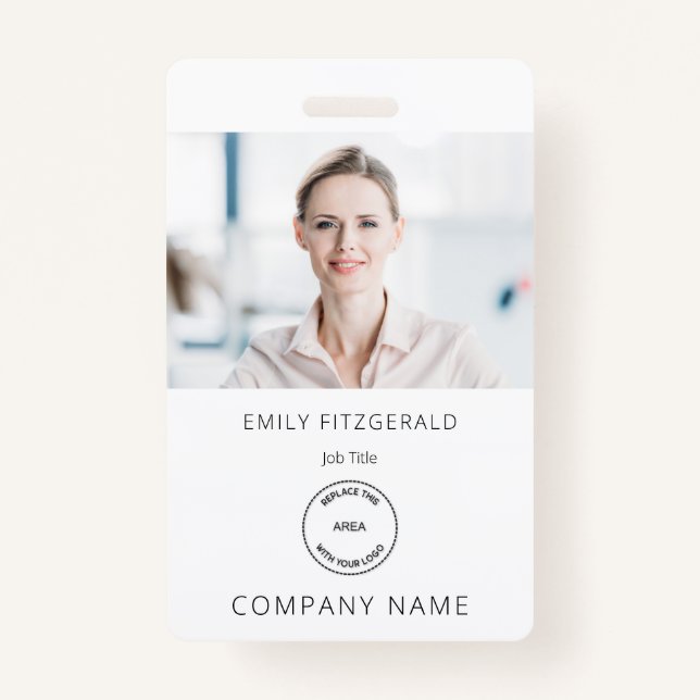 Minimalist Employee Photo ID Name Logo White ID Badge (Front)