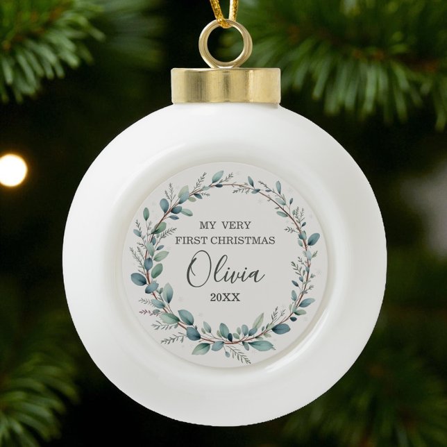 Minimalist Eucalyptus Baby First Christmas  Ceramic Ball Christmas Ornament (Creator Uploaded)