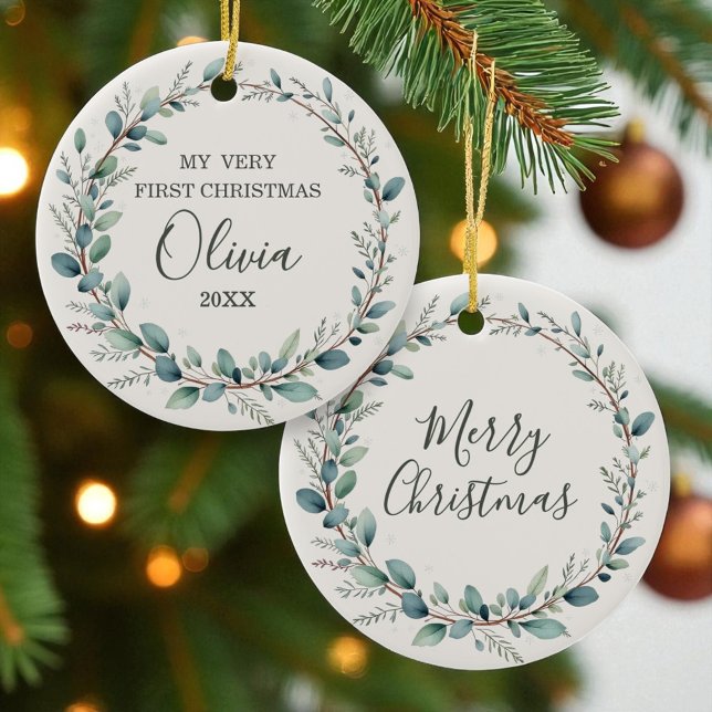 Minimalist Eucalyptus Baby First Christmas  Ceramic Ornament (Creator Uploaded)