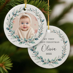 Minimalist Eucalyptus Baby First Christmas Photo Ceramic Ornament