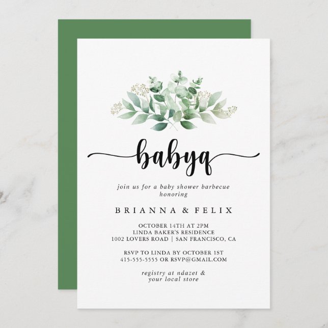 Minimalist Eucalyptus BabyQ Baby Shower Barbecue Invitation (Front/Back)