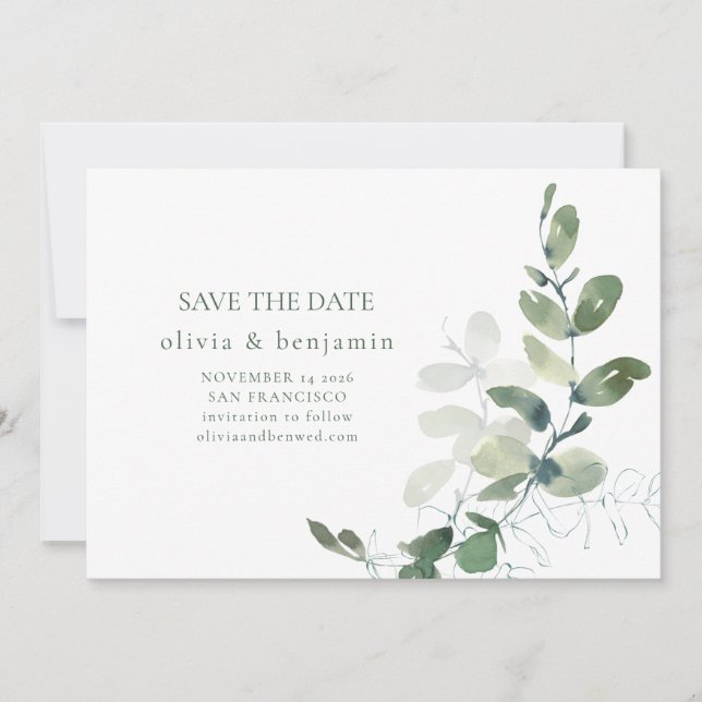 Minimalist Eucalyptus Botanical Nature Modern  Save The Date (Front)