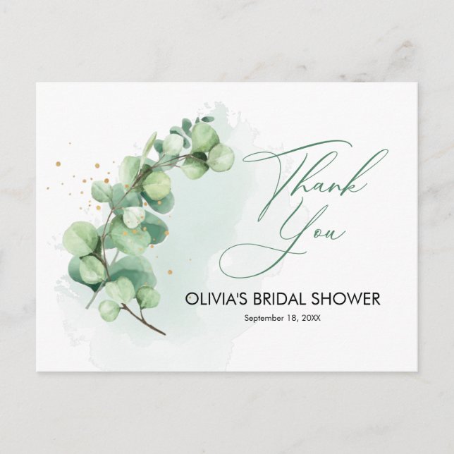 Minimalist Eucalyptus Bridal Shower Thank You Postcard (Front)