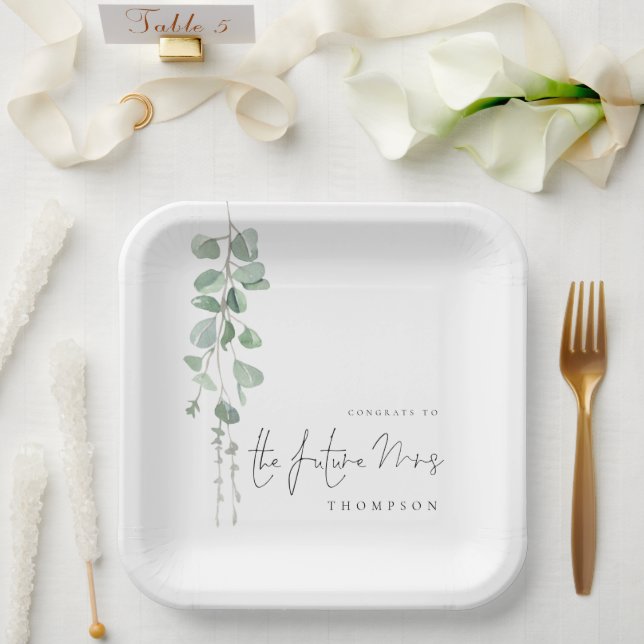 Minimalist Eucalyptus Congrats Future Mrs Name  Paper Plate (Wedding)