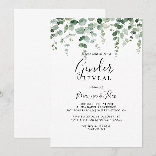 Minimalist Eucalyptus Gender Reveal Party  Invitation (Front/Back)