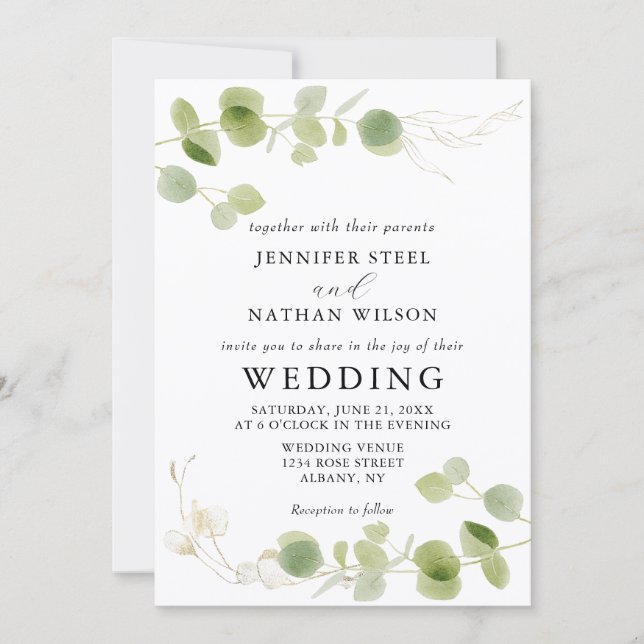 Minimalist Eucalyptus Green Foliage Classy Wedding Invitation (Front)