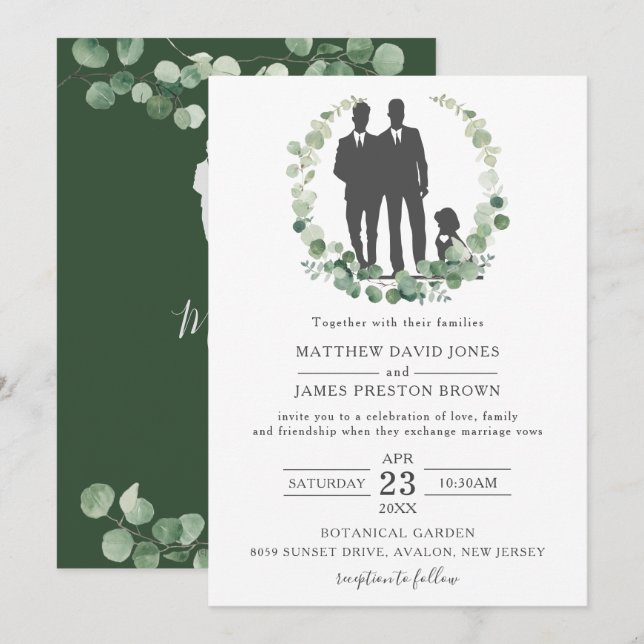 Minimalist Eucalyptus Greenery Gay Wedding Grooms  Invitation (Front/Back)